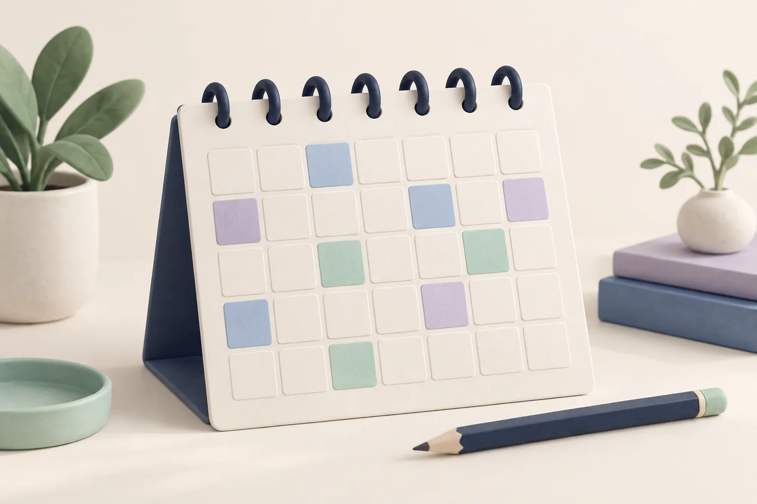Un calendrier mensuel organisé avec des cartes pour publier, créer et garder du repos