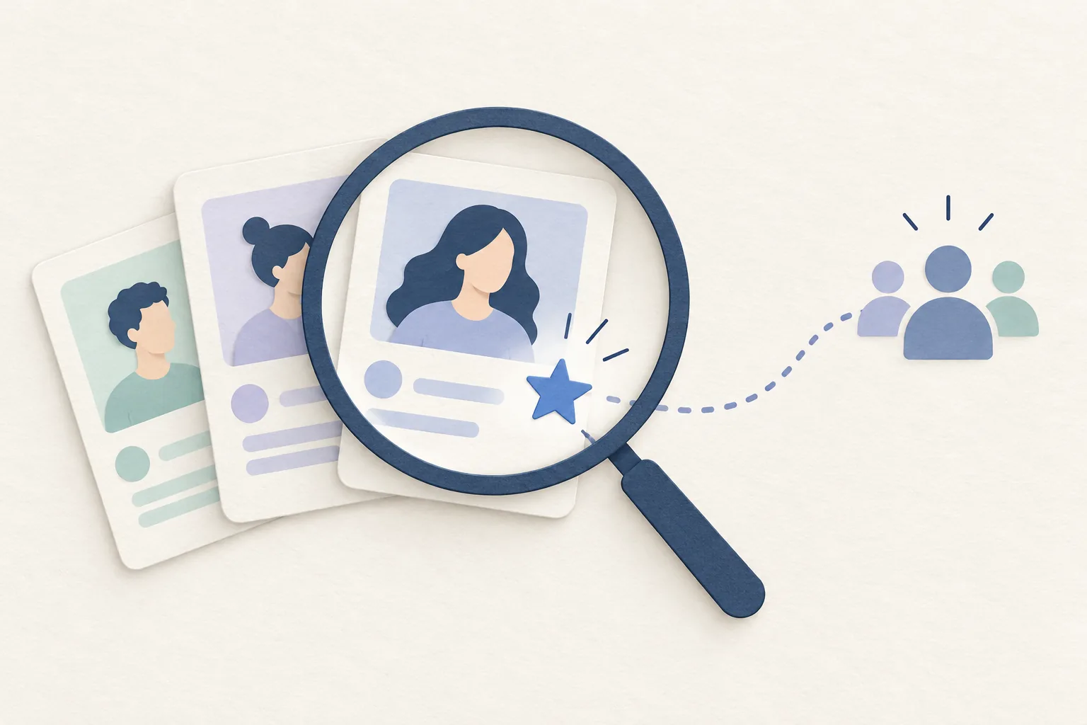 Une loupe met en avant une publication parmi plusieurs cartes de contenu