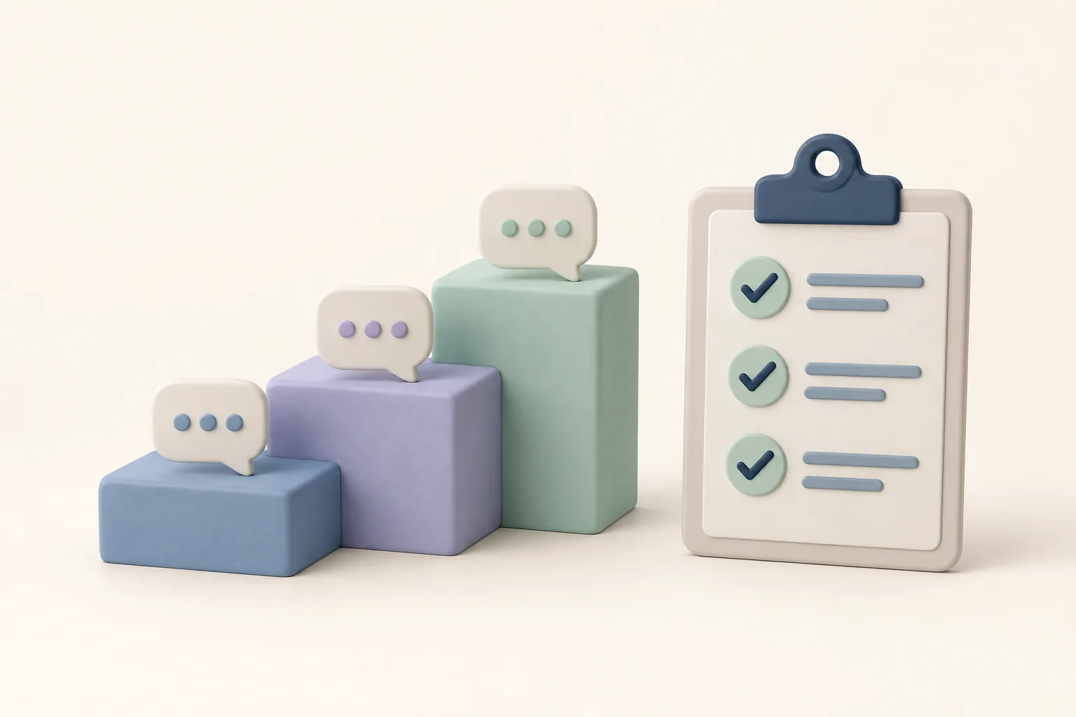 Sept étapes d’apprentissage représentées par des cartes, un carnet de consignes et une bulle de conversation.