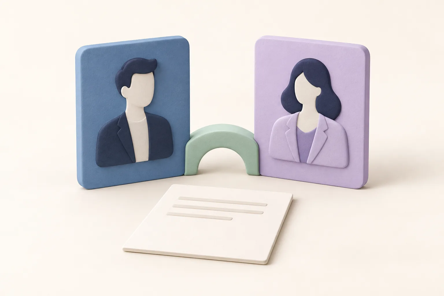 Deux profils professionnels reliés par une proposition de collaboration claire et une poignée de main abstraite.